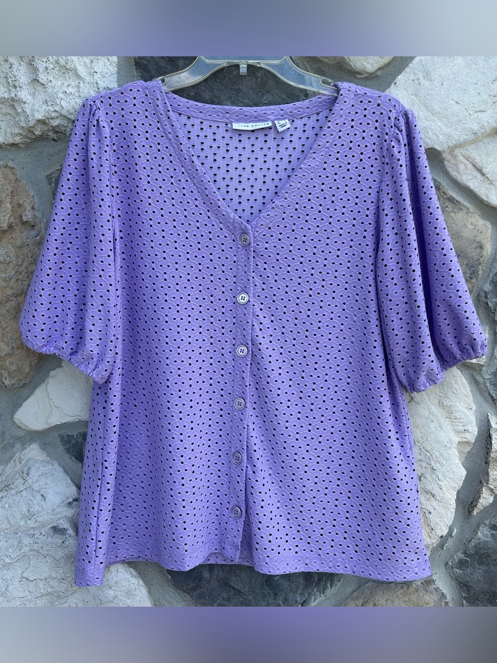 Susan Graver Liquid Knit Cardigan Top Size M Purple Eyelet Button Up Feminine
